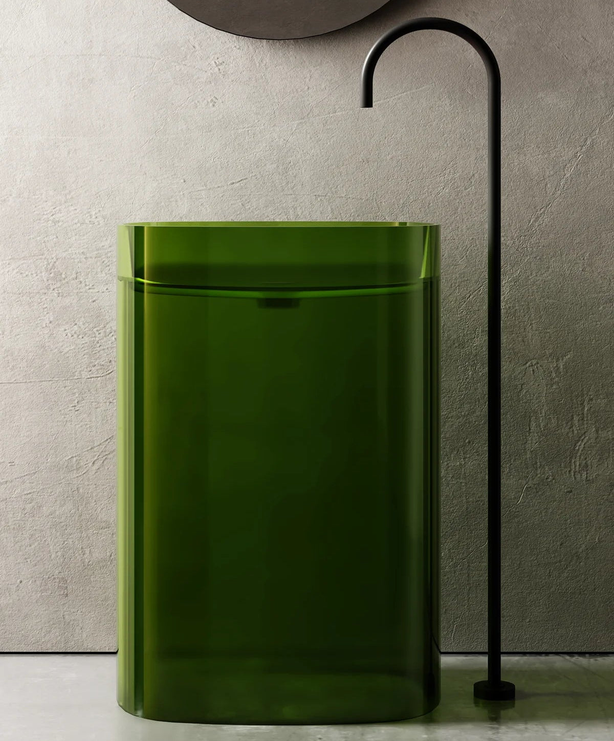 Green rectangular trash can against a neutral wall with a black decorative element.